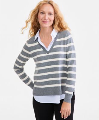 Women's Two-Fer Striped V-Neck Sweater
