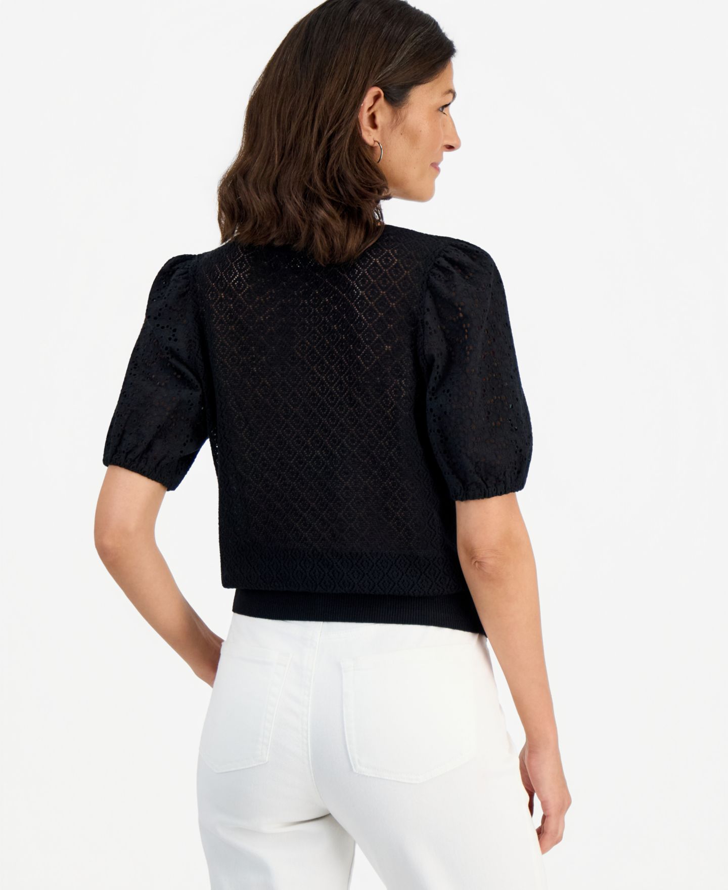 Женский свитер Style & Co Mixed-Media Pointelle Short-Sleeve, цвет: Глубокий чёрный — фото 2