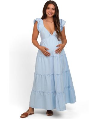 Maternity Light Blue Ruffle Trim Maxi Dress