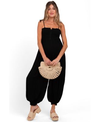 Women's Beige Smocked Button Front Shoulder Tie Jumpsuit