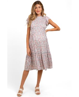 Maternity Light Blue Floral Mock Neck Smocked Ruffe Sleeve Midi Dress