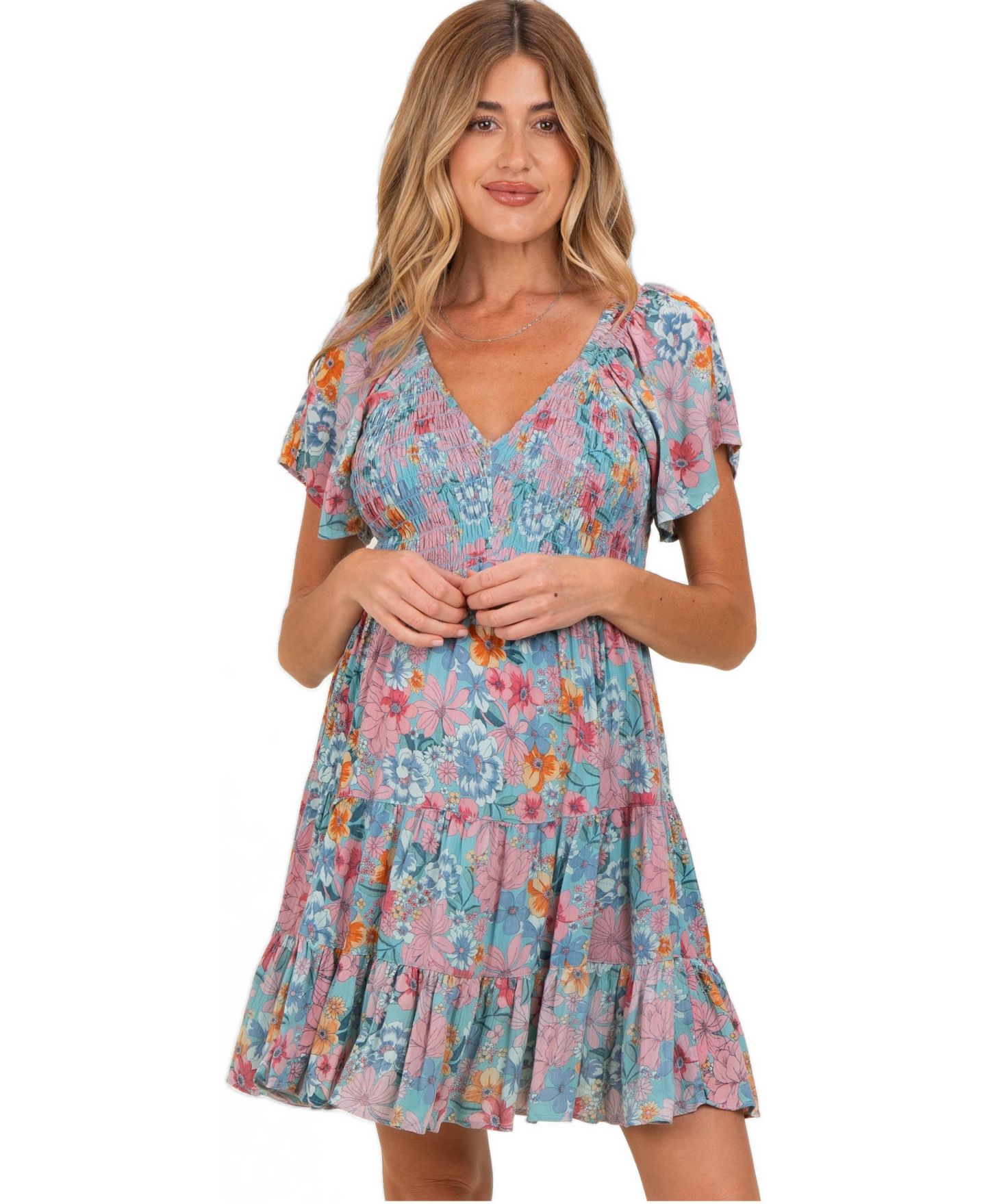 Женское платье Pinkblush Teal V Neck Smocked Bust Short Sleeve Short, цвет: Бирюзовый — фото 1