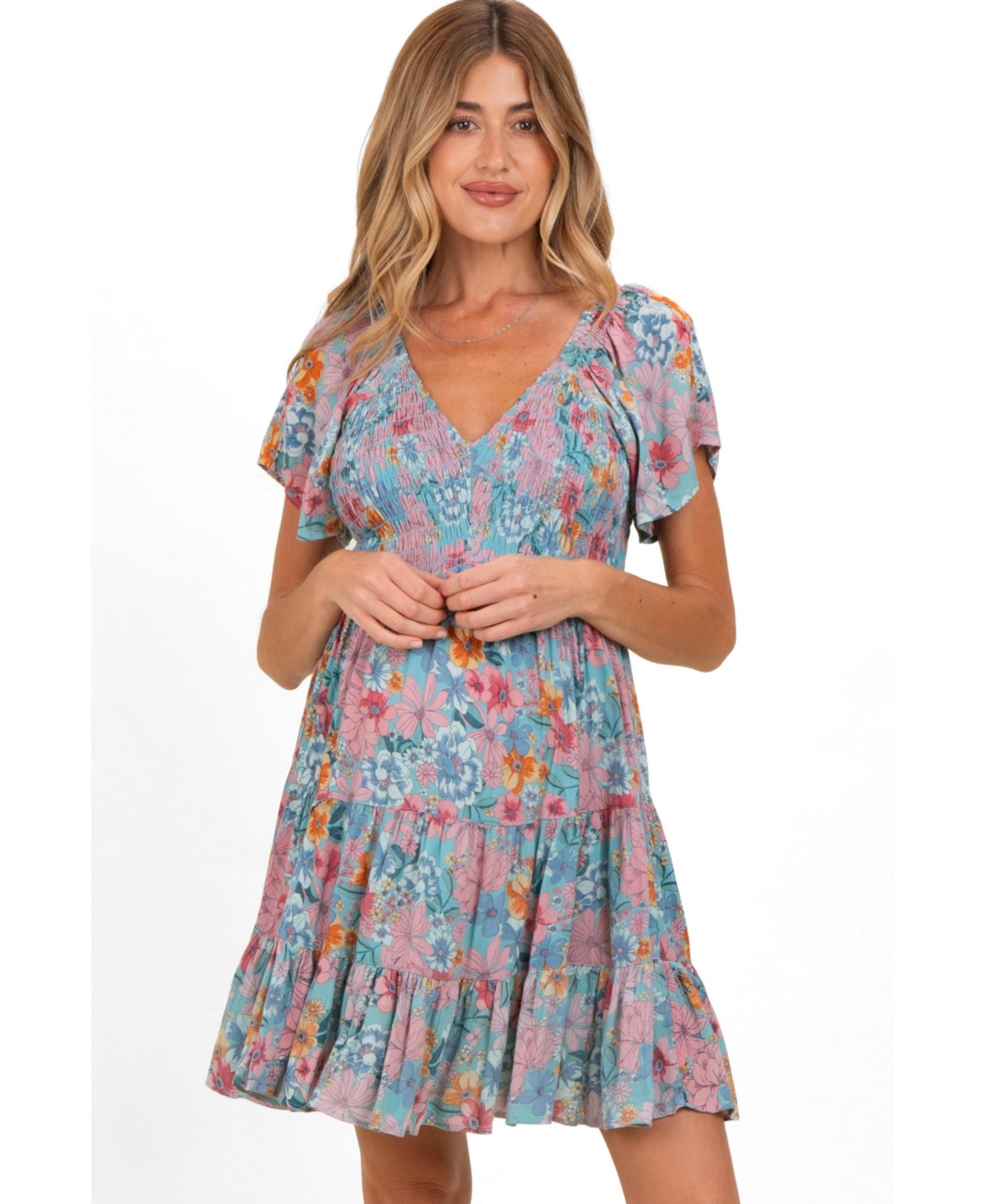 Pinkblush Maternity Teal V Neck Smocked Bust Short Sleeve Dress