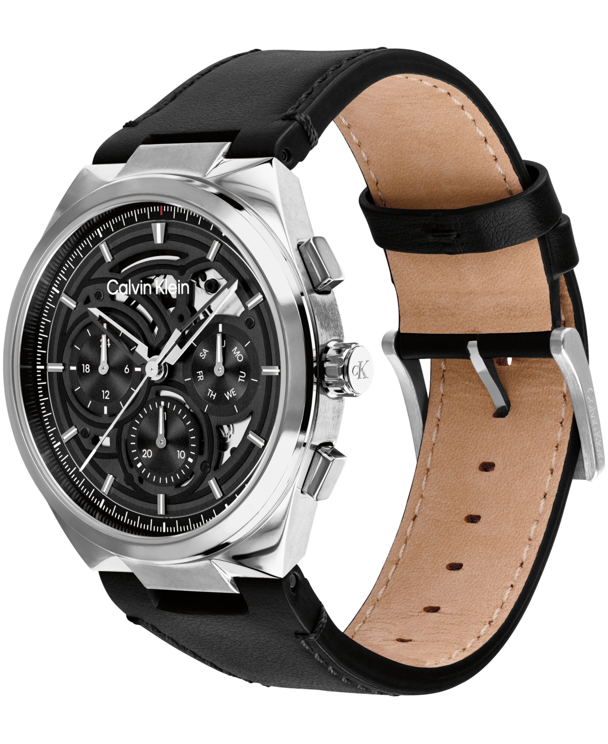 Calvin Klein Men's Distinguish Skeleton Black Leather Strap Watch 44mm