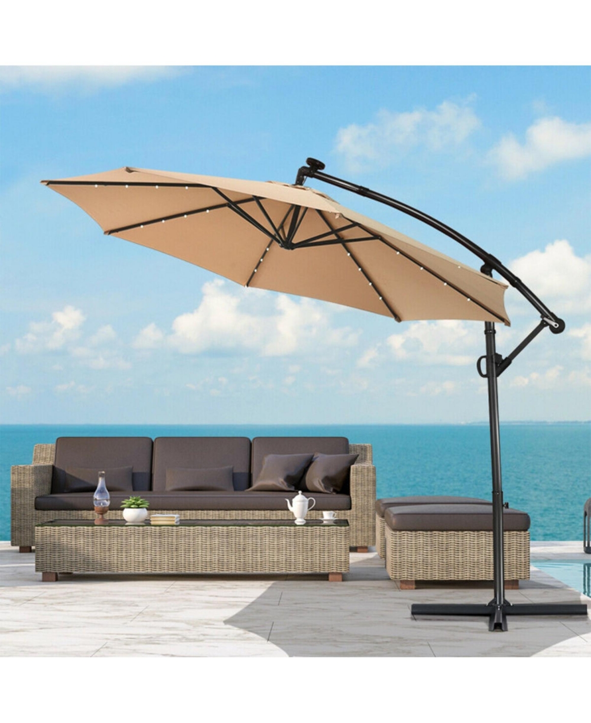 Clihome 10Feet 360degree(s) Rotation Solar Led Patio Offset Umbrella (Weight Base Not Included)
