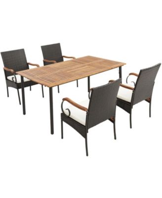 5-Piece Patio Wicker Dining Set with Acacia Wood Table and Cushioned Chairs