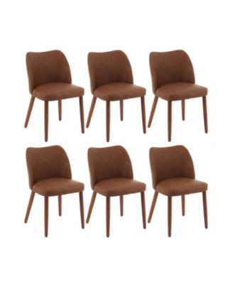Set of 6 Leather Upholstered Dining Side Chairs, Wing Backrest with Solid Wood Legs for Kitchen
