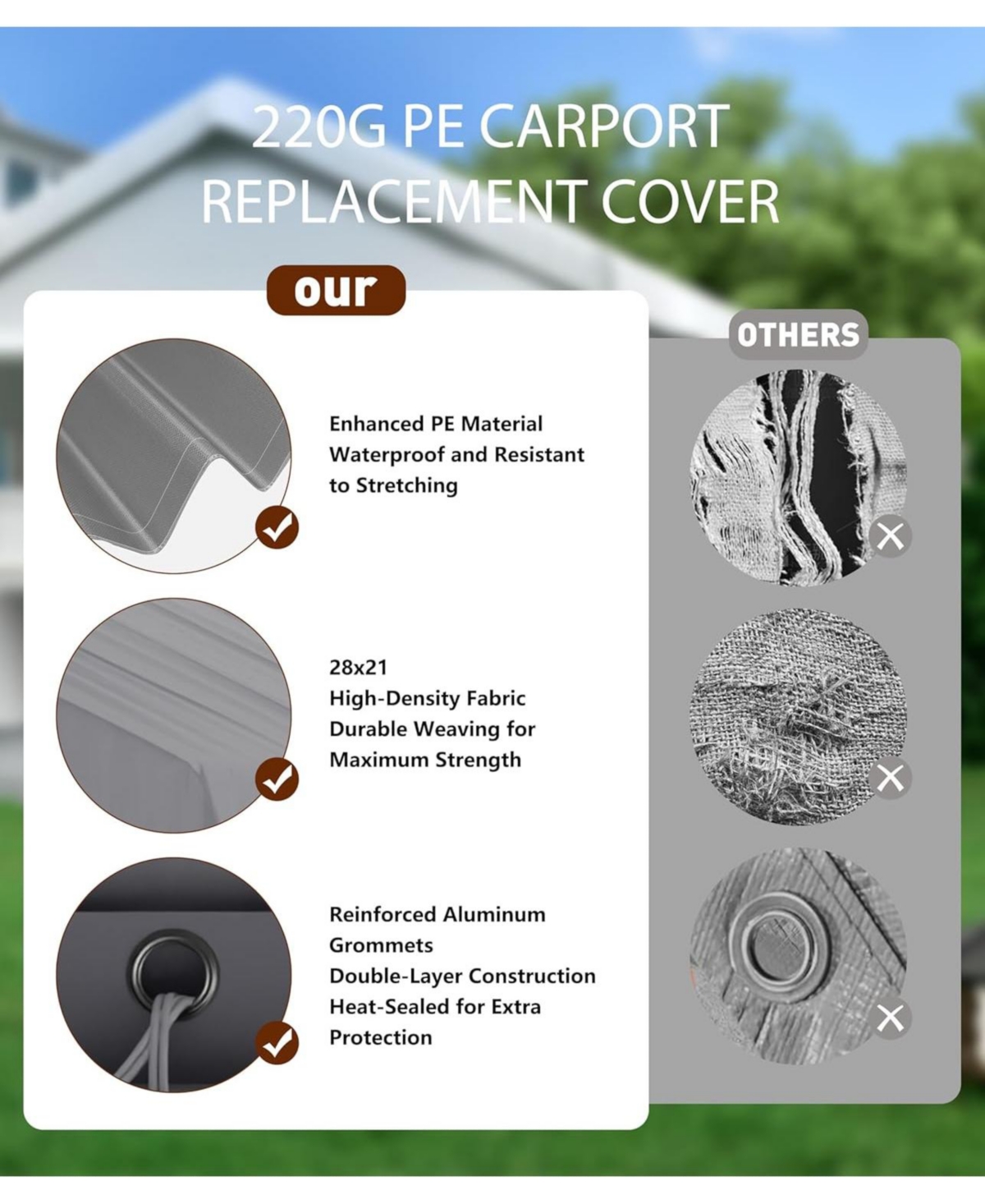 gaomon 13x25 Feet Waterproof and Uv-Resistant carport Replacement Canopy Cover -220G Pe Fabric with Ball Bungees
