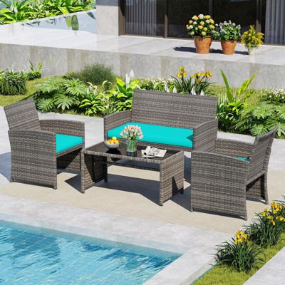 4-Piece PE Rattan Patio Conversation Set with Loveseat and Armchairs