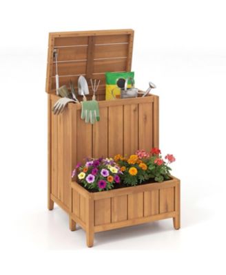 Acacia Wood Package Delivery Box with Built-In Planter for Pool and Garden Tools