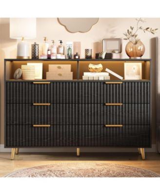 6 Drawers Dresser for Bedroom, 53.9" Wide Dressers with LED Lights and Charging Station, Curved Profile Design