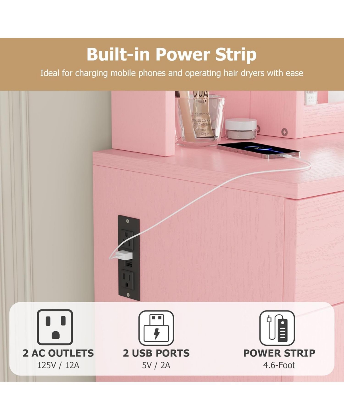 gaomon Vanity Desk with Mirror and Light, Makeup Vanity Table with Charging Station, Large Storage Cabinet and 2 Drawers and 3 Open Shelves