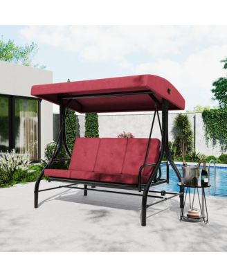 3-Seater Outdoor Porch Swing with Stand, 2-in-1 Convertible Swing Bed, Thick Cushion, Adjustable Canopy and 800-Lb. Capacity