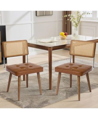 Set of 2 Mid Century Natural Rattan Dining Chairs, Velvet Upholstered Seat Boho Kitchen Seating