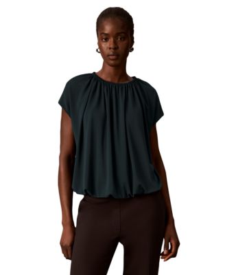 petite Shirred Extended-Shoulder Short-Sleeve Blouse