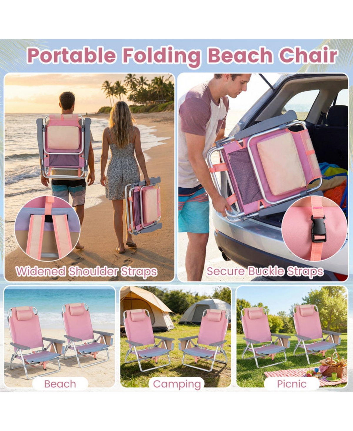 Sugift Set of 2 Portable Folding Backpack Reclining Beach Chairs with 5-Position Backrest Headrest