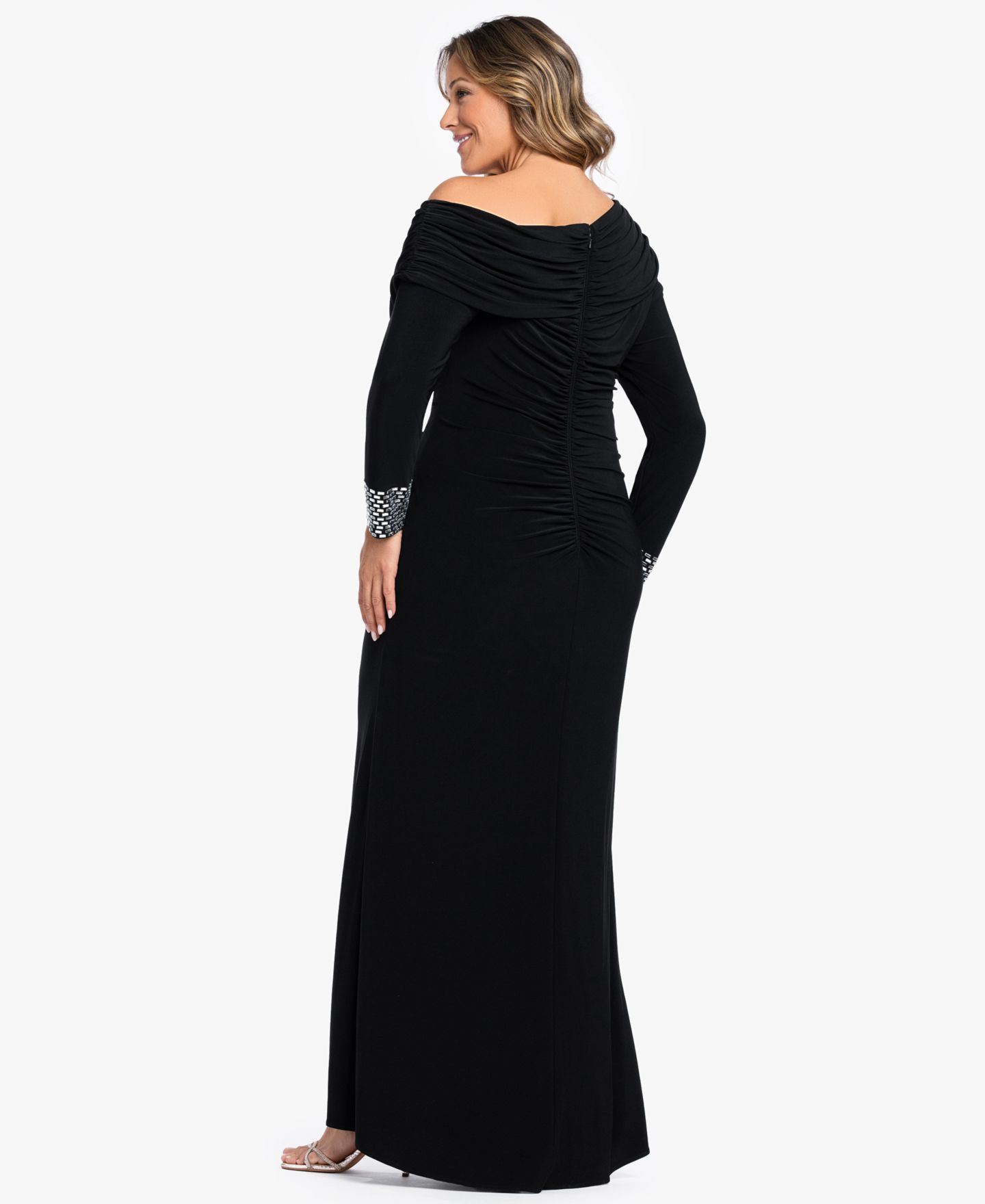 Женские платья Betsy & Adam Plus Size Asymmetrical Neck Gown, цвет: Чёрный серебряный — фото 4