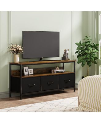 TV Stand Dresser for 55-Inch TV with 3 Fabric Drawers and Open Shelf, Media Console Table with MDF Wood Top and Metal Frame