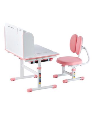 Kids Study Desk and Chair Set with Bookshelf, Storage Drawer, Adjustable Height and 0-40 Degree Tilt Desktop for Bedroom