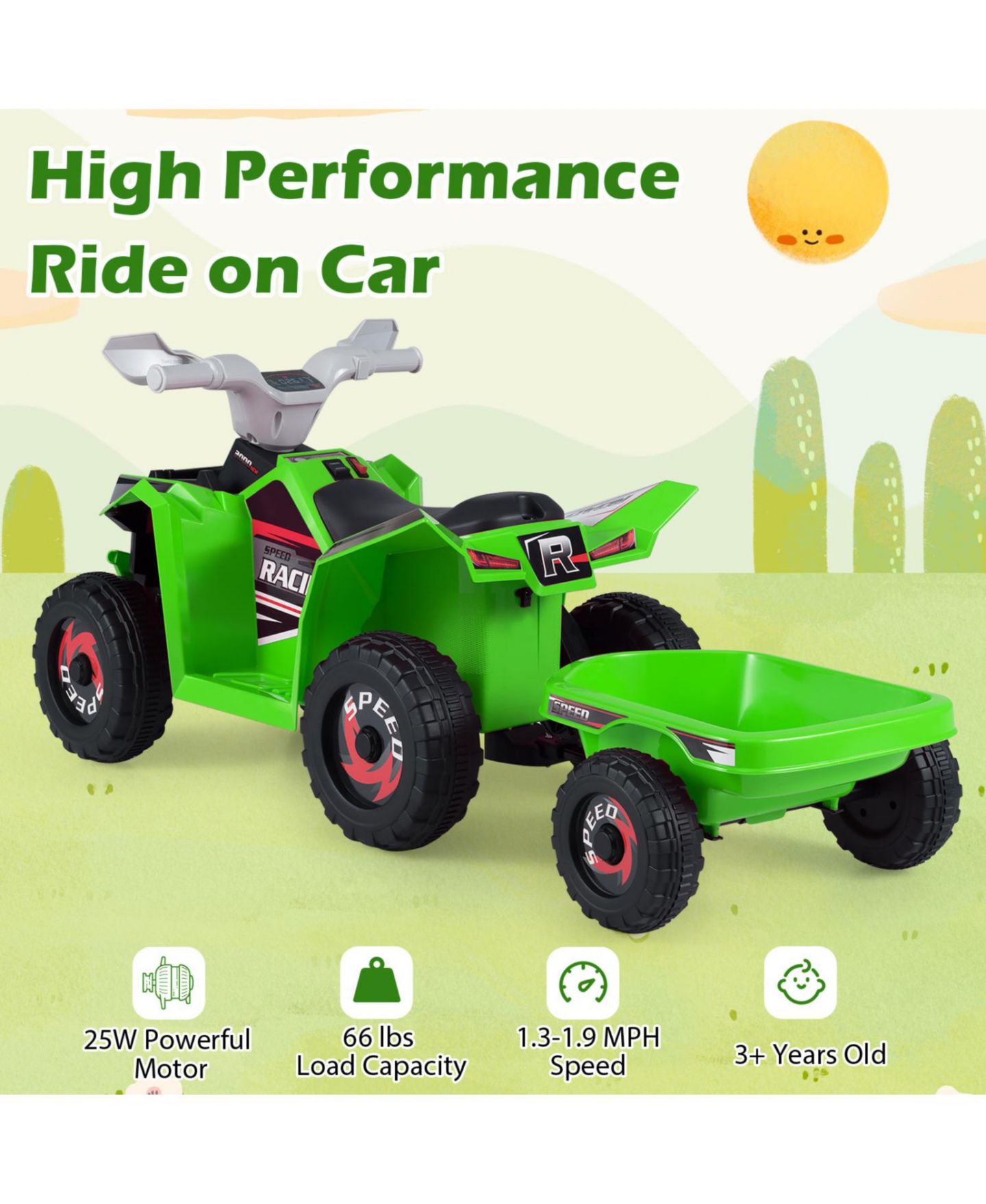 Детская игрушка Mecale 6V Kids Electric ATV Quad with Detachable Trailer, 66-lb Capacity, цвет: Зелёный — фото 5