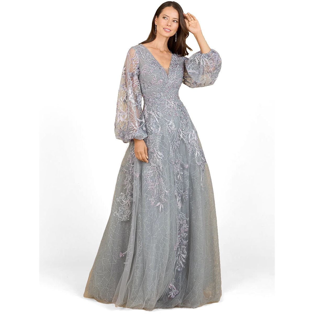 Lara Women's V Neckline Balloon Sleeve Gown