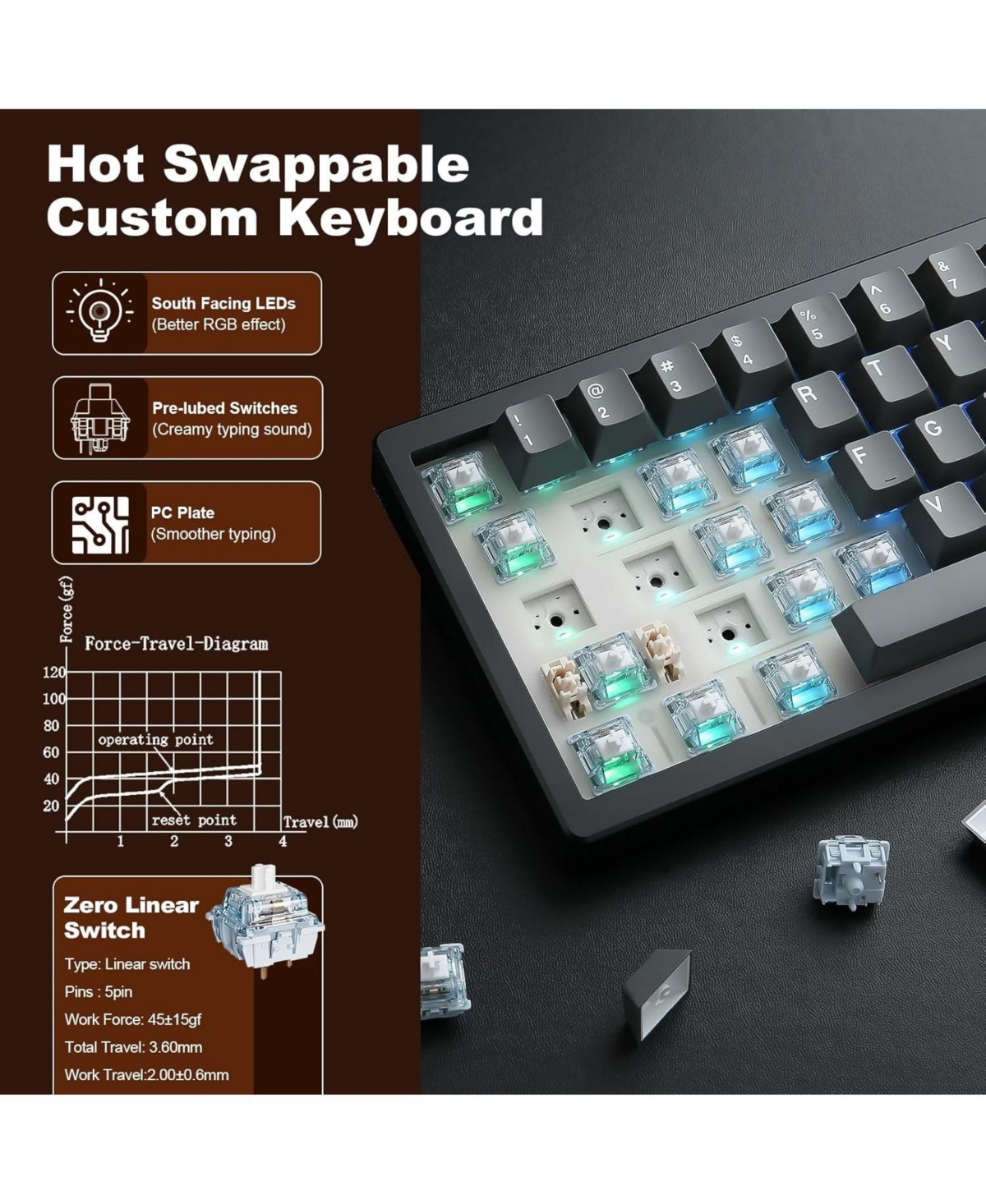 Lamicall AL68 60% Full Aluminum Knob Tri-Mode Hot Swap Keyboard Zero Linear