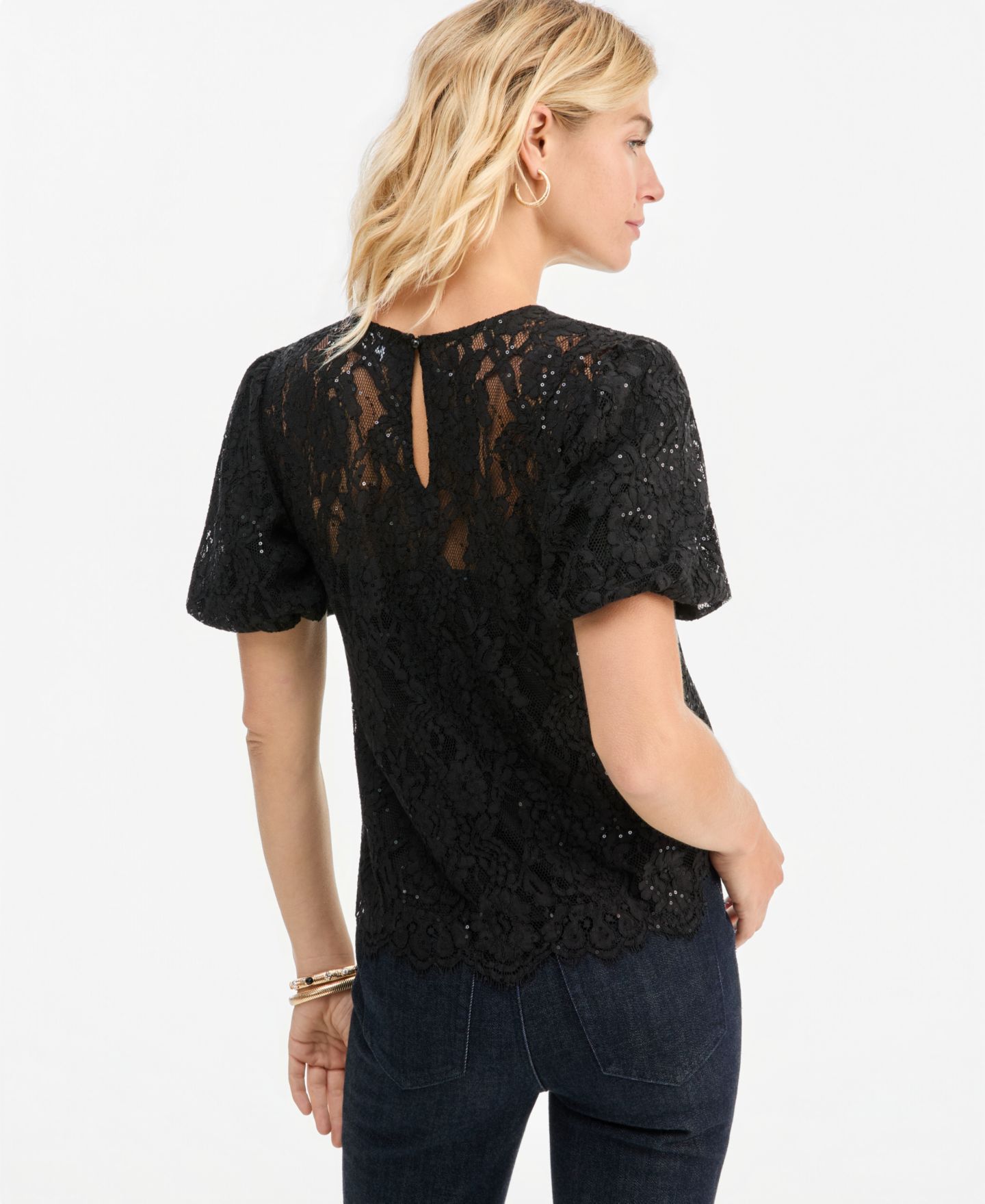 Женская блузка I.N.C. International Concepts Short-Sleeve Sequin Embellished Lace Blouse, цвет: Глубокий чёрный — фото 2