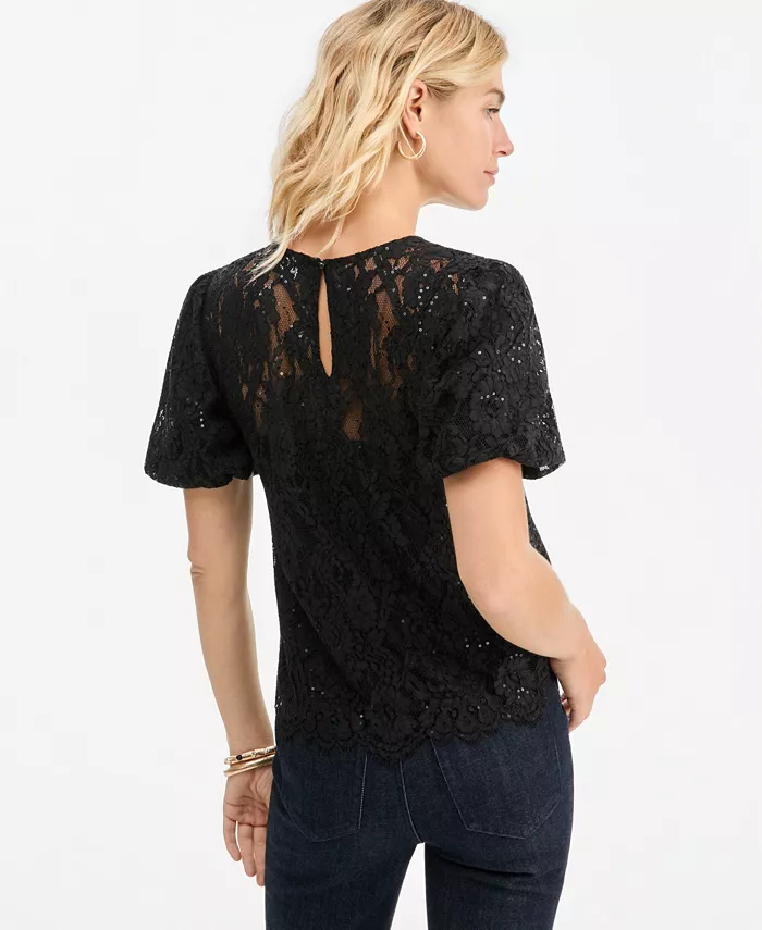 Women's Short-Sleeve Sequin Embellished Lace Blouse - thumbnail 2