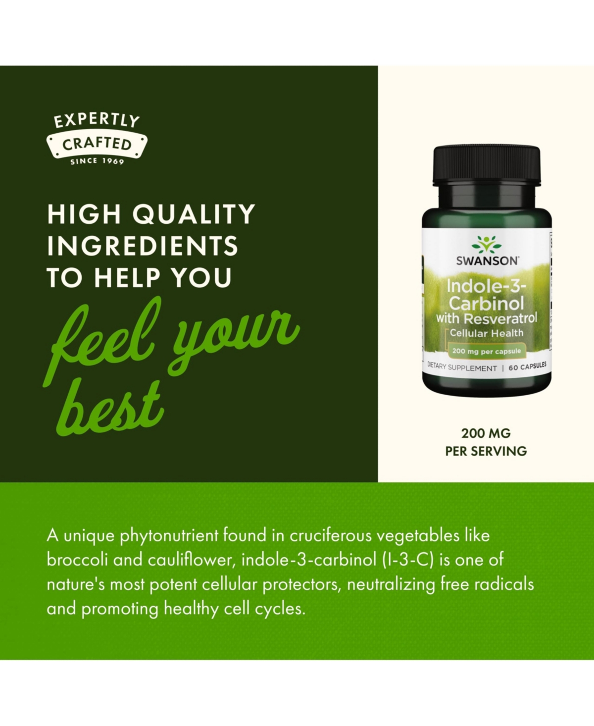 Swanson Indole-3-Carbinol with Resveratrol I3C Supplement for Cellular Protection Supports Healthy Hormone Balance 60 Capsules