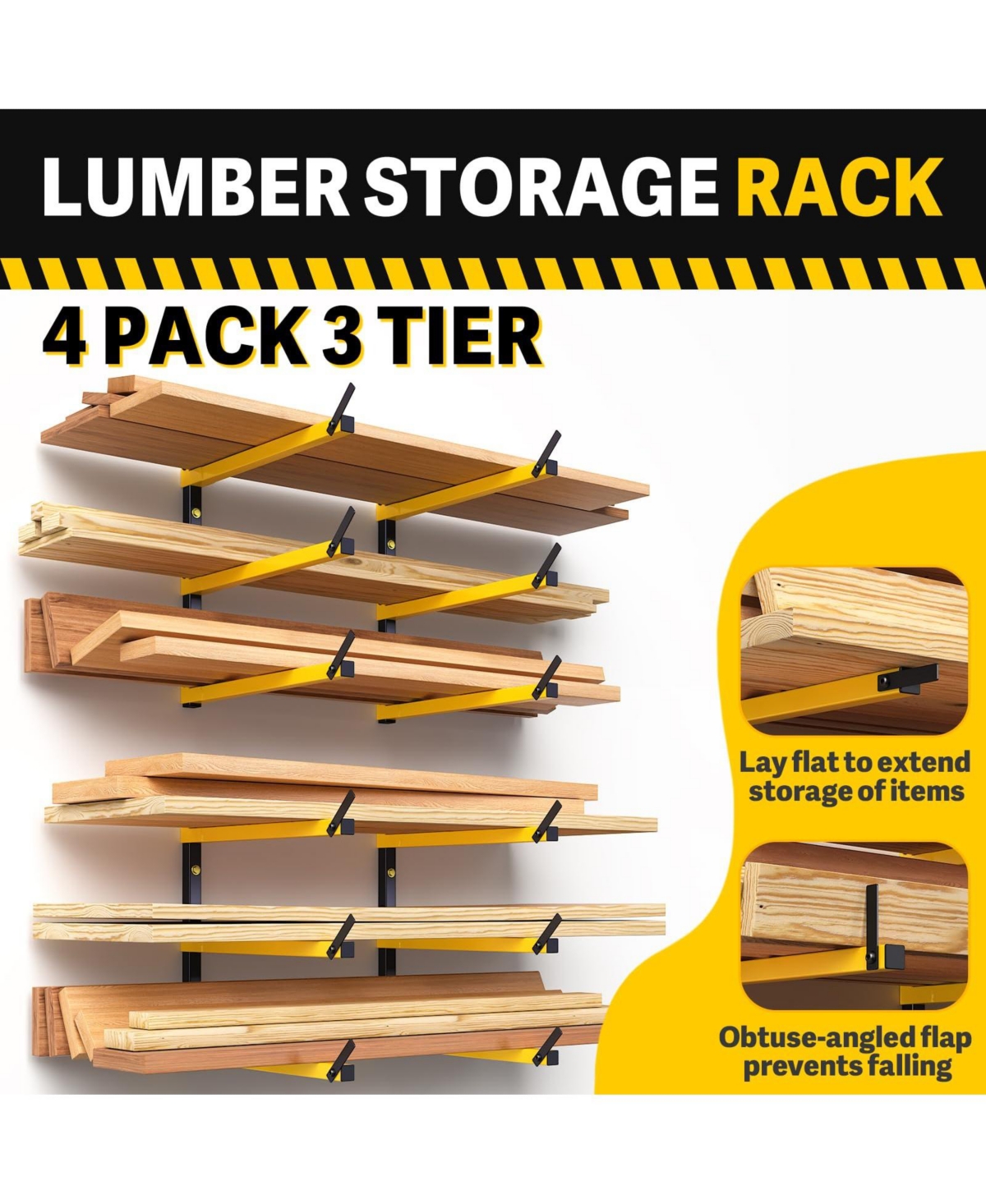 Xdovet Lumber Storage Rack Wall Mounted Metal Folding 3-Level Heavy Duty
