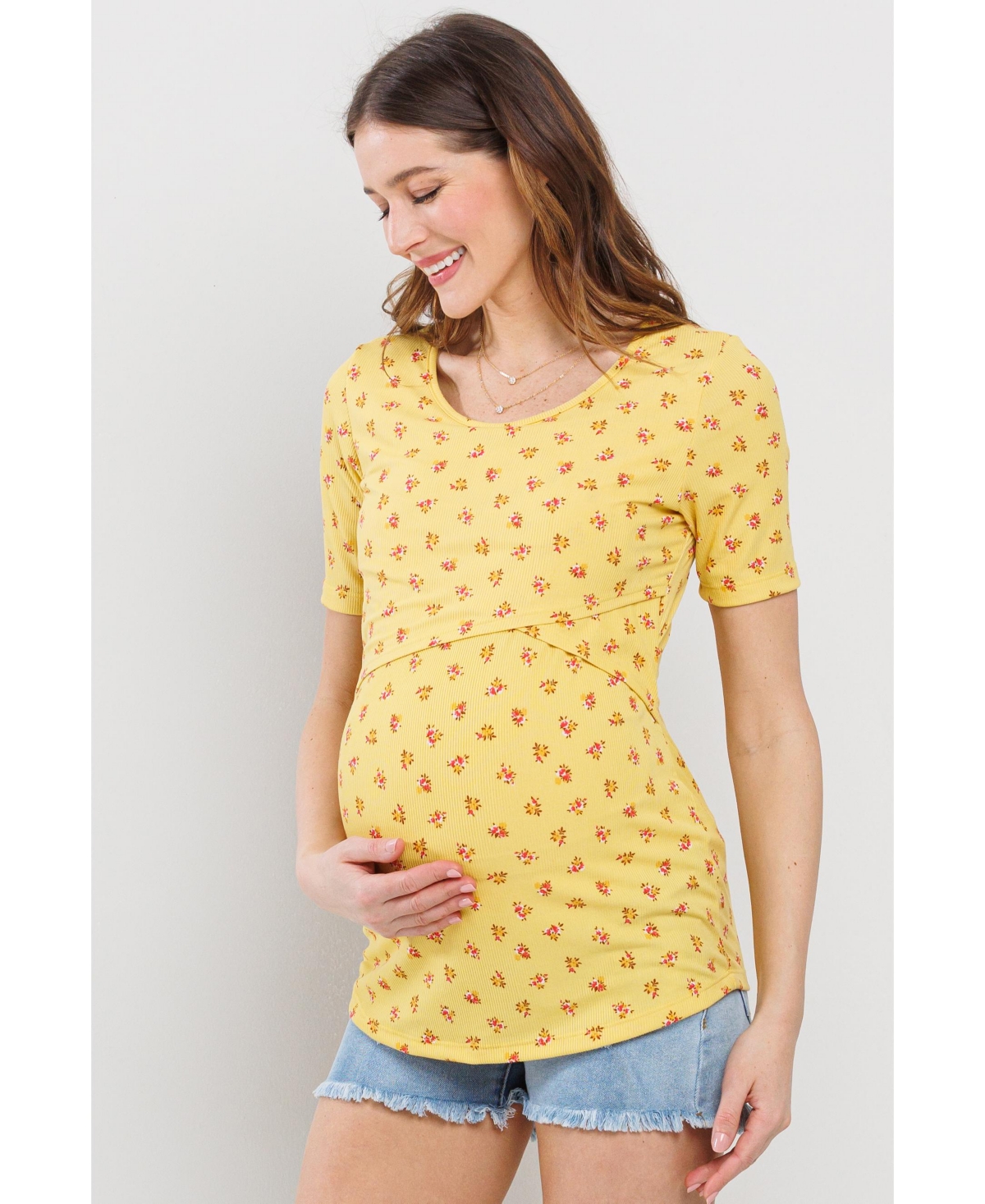 Hello Miz Maternity Floral Rib Short Sleeve Crossover Nursing Shirt