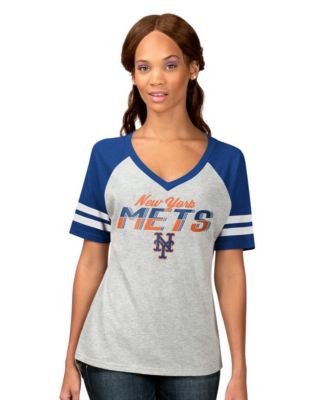 Women's Heather Gray New York Mets Goal Line Raglan V-Neck T-Shirt