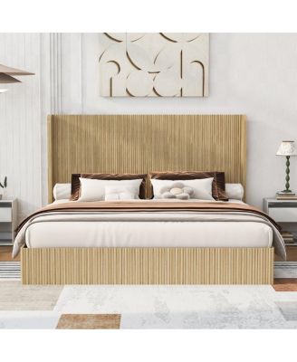  King Size Mid-Century Fluted Wood Platform Bed with Wingback Headboard