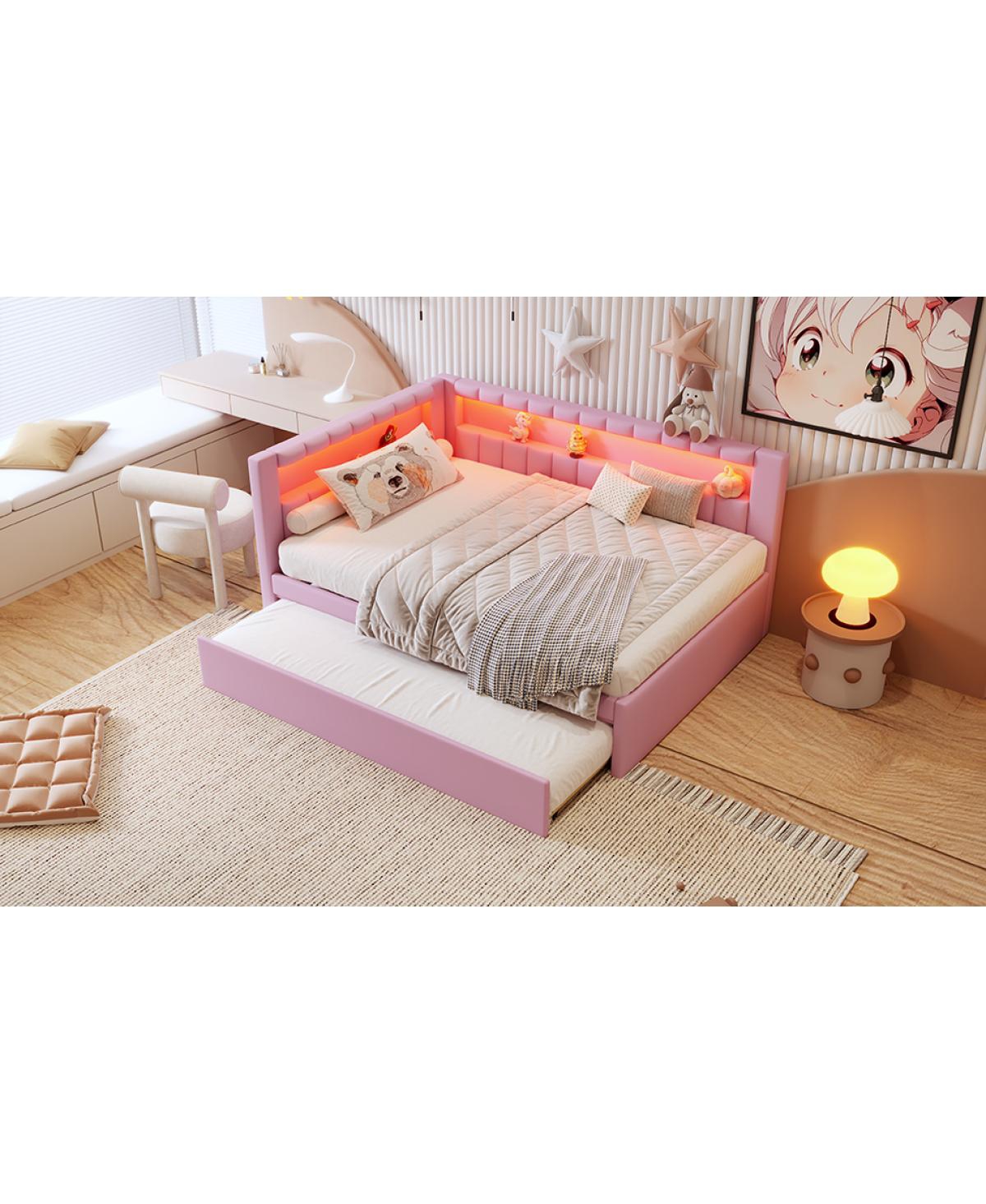 Streamdale Furniture Full Size Upholstered Platform Bed with Led Usb Ports and Trundle