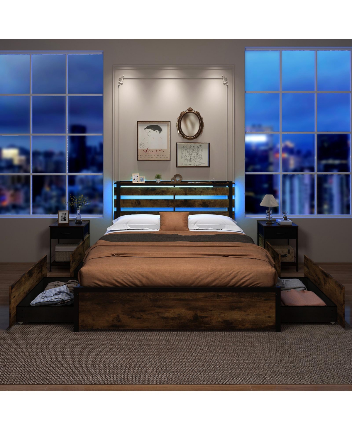 Gouun Bed Frame with Drawers Led Lights and Usb Ports