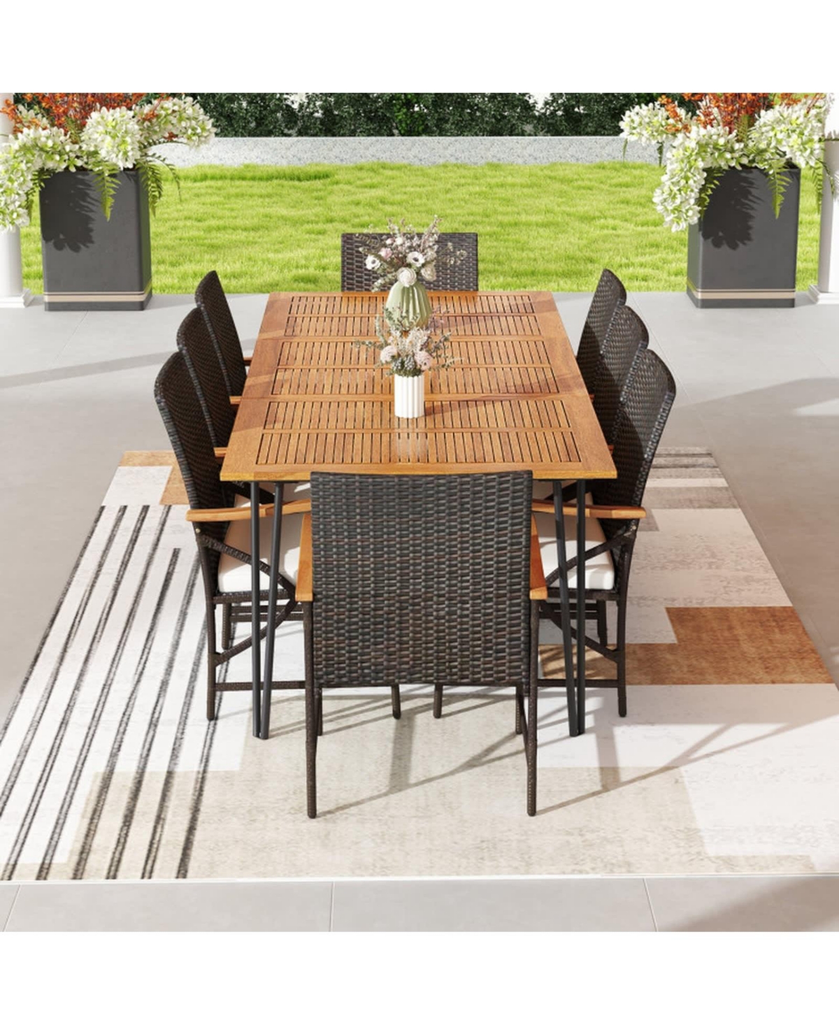 Gouun Wicker Patio Furniture Set of 8 Armchairs Acacia Wood Table and Cushions