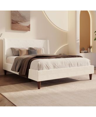  Modern White Boucle Wingback Platform Bed with Legs King Size