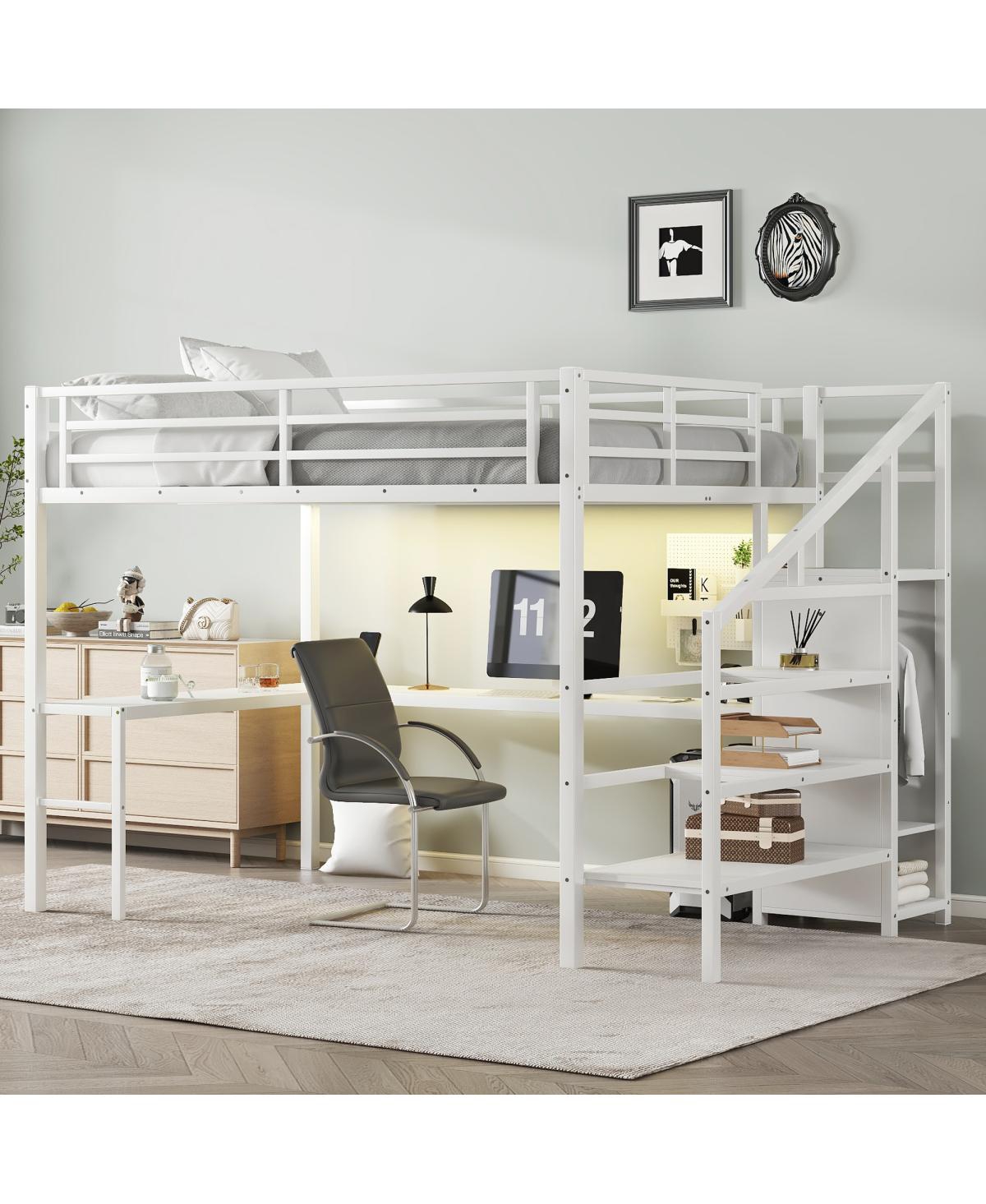 Streamdale Furniture Queen Loft Bed with L-Shaped Desk Wardrobe and Led Lights