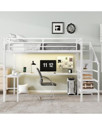  Queen Loft Bed with L-Shaped Desk Wardrobe and LED Lights