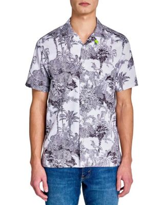 Men's Regular Fit 4-Way Stretch Performance Palm Tree Short Sleeve Button Down