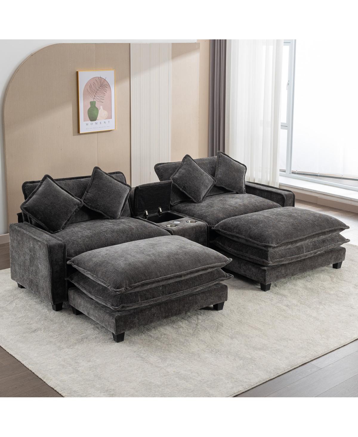 Streamdale Furniture 111'' Chenille Sectional Sofa with Storage Ottomans Usb Ports and Cup Holders