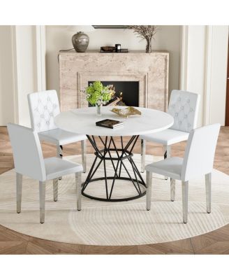  47.3 inch Circular MDF Dining Table and 4 Ergonomic PU Chairs Set