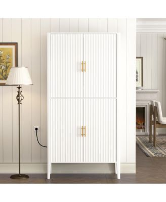 Modern Fluted 4-Door Wine Cabinet with Glass Display and Stemware Rack