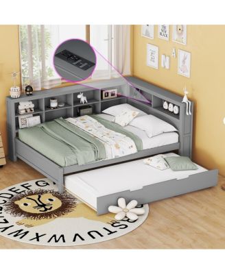 Wooden Daybed with Twin Trundle Storage Shelf and USB Ports