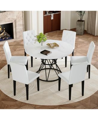 47.3 inch Circular MDF Dining Table with 6 Ergonomic PU Chairs