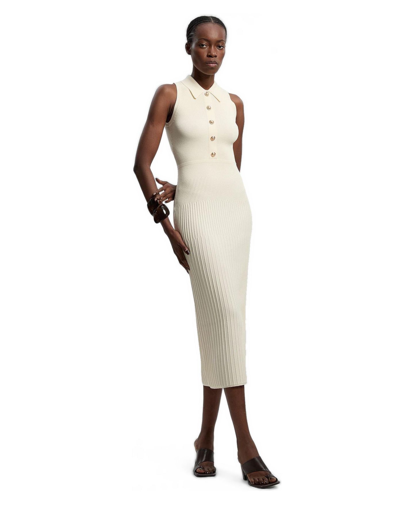 Женское платье Karen Millen Rib Knit Collard Midi, цвет: Слоновая кость — фото 1