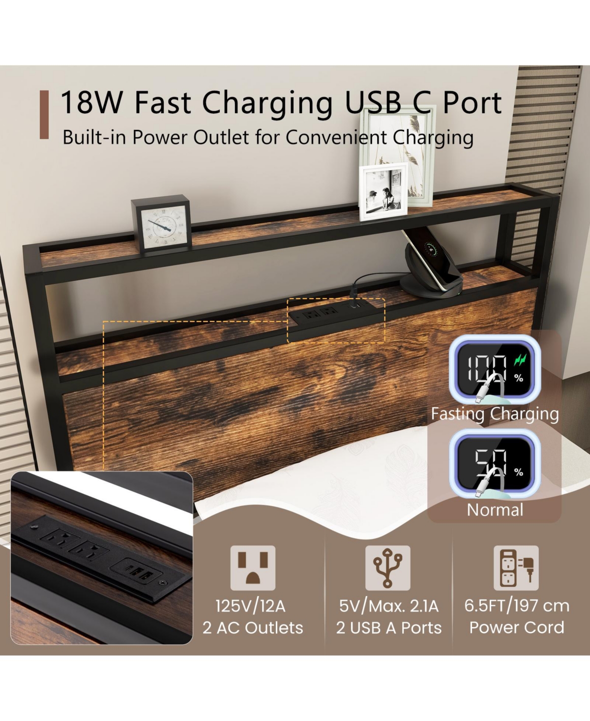 Gouun Bed Frame with Storage Headboard and Charging Station