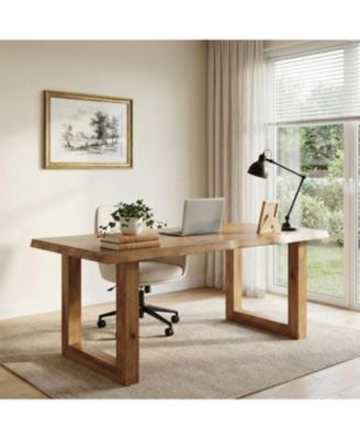 Solid Wood Home Office Desk, 63" Live Edge Executive Desk, Pine Wood Computer Table Bussiness Workstation