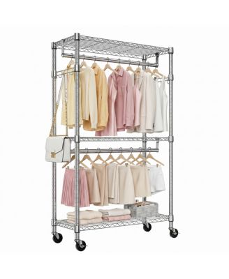 Heavy Duty 3-Tier Rolling Garment Rack with Adjustable Shelves and Hooks