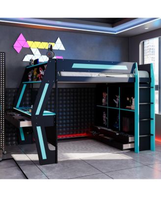 Full Size Gaming Loft Bed with Desk RGB Lights Storage and Staircase